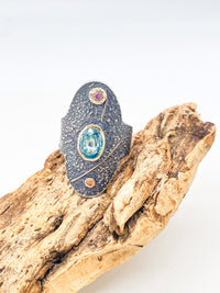 Blue Zircon and Tourmaline Silver and Gold Ring