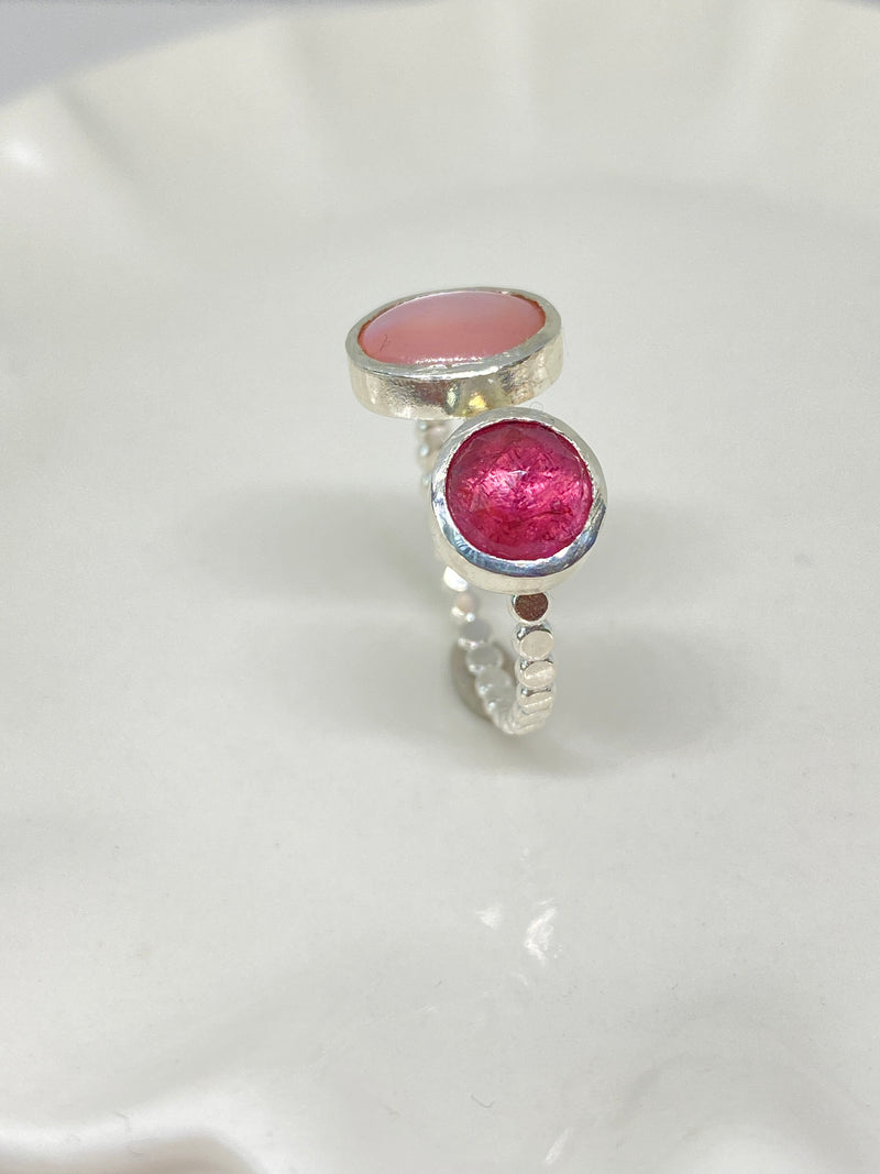 Pink Tourmaline and Mother Of Pearl Silver Ring Handmade