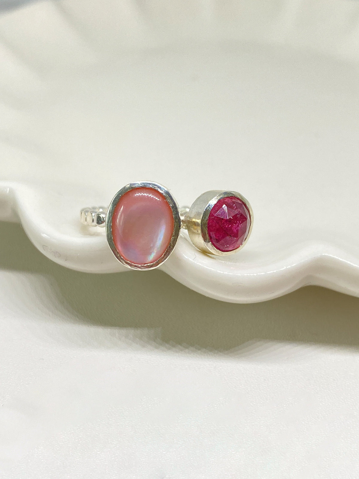 Pink Tourmaline and Mother Of Pearl Silver Ring Handmade