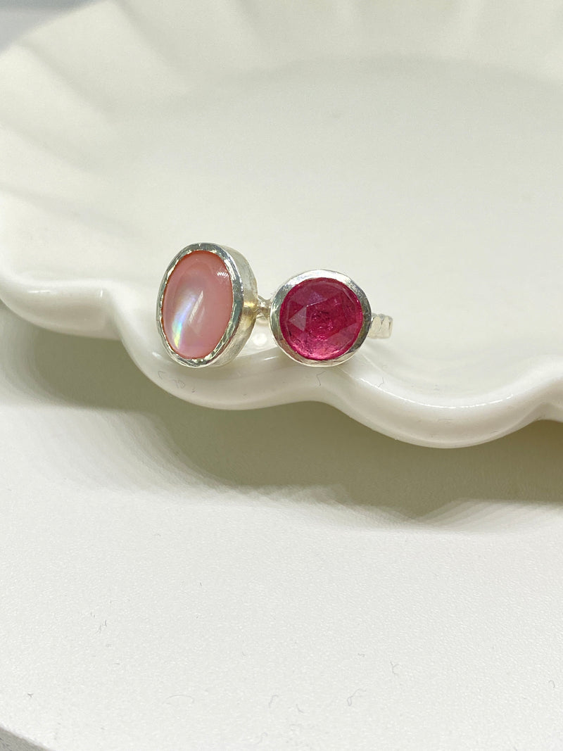 Pink Tourmaline and Mother Of Pearl Silver Ring Handmade