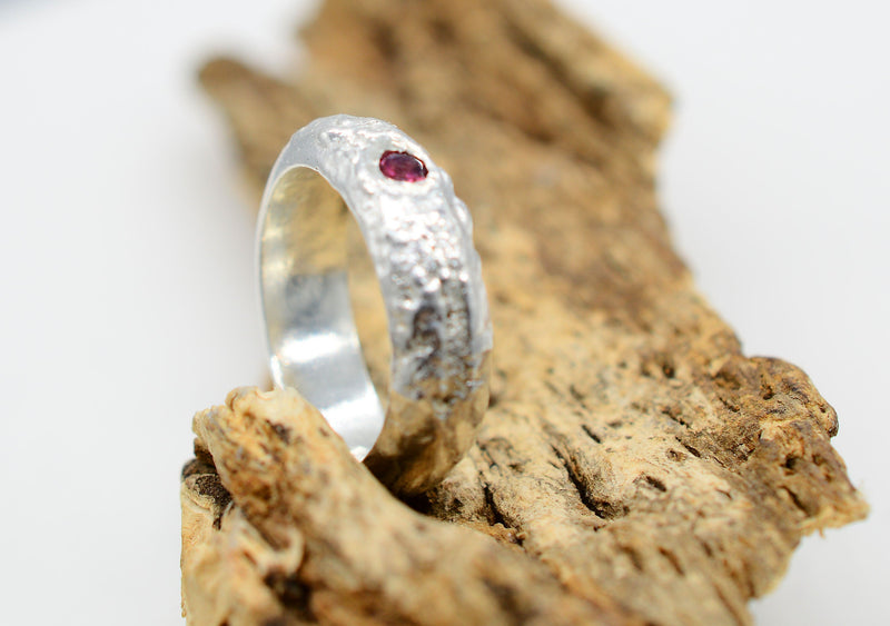 Garnet Chunky Textured Sterling Silver Ring Handmade