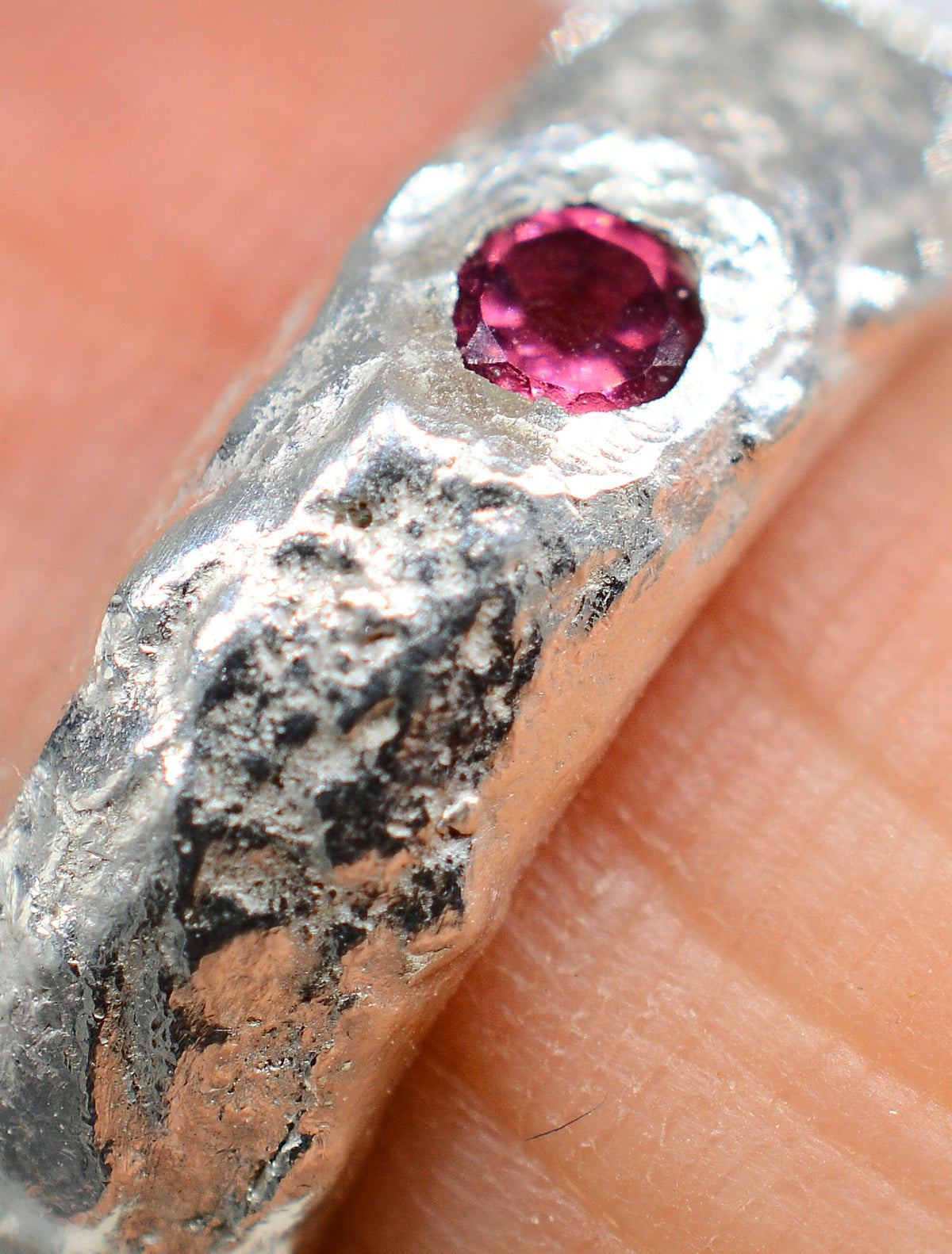 Garnet Chunky Textured Sterling Silver Ring Handmade