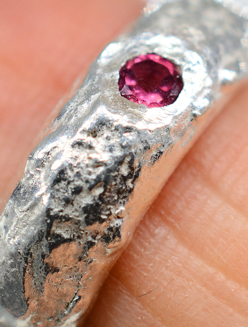 Garnet Chunky Textured Sterling Silver Ring Handmade