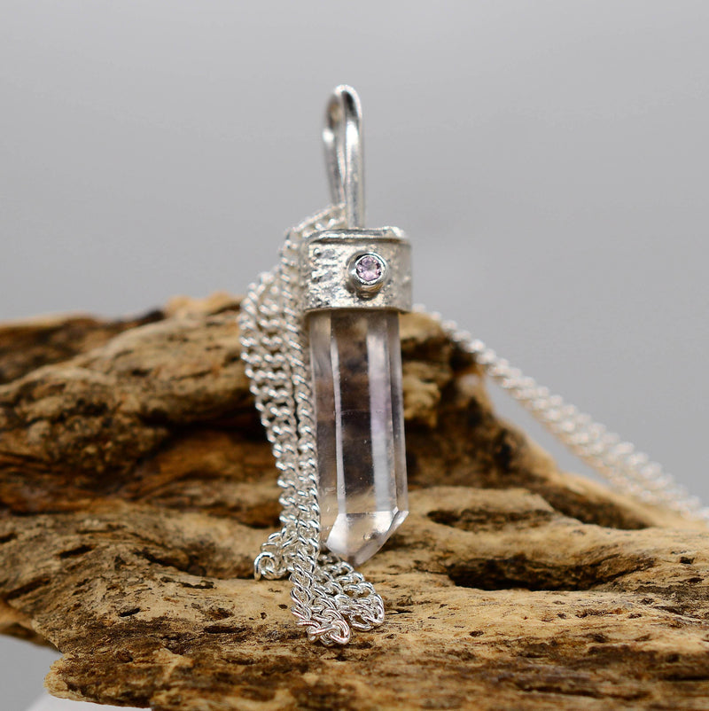 Handmade Brandberg Quartz Crystal Pendant with Pink Tourmaline