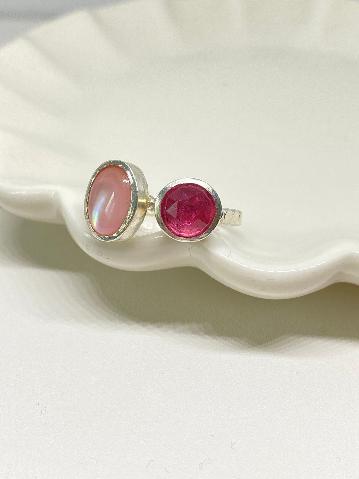 Pink Tourmaline and Mother Of Pearl Silver Ring Handmade