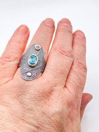 Blue Zircon and Tourmaline Silver and Gold Ring