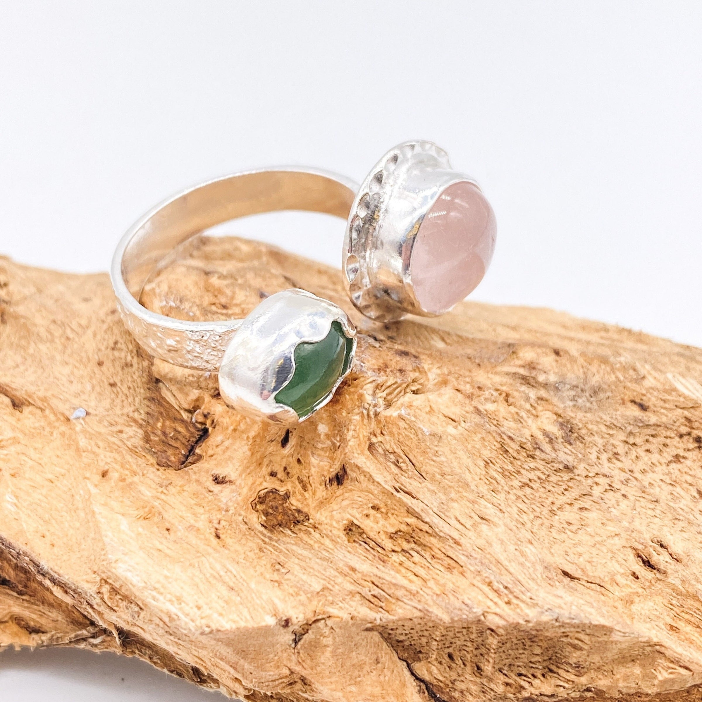 Rose Quartz & Serpentine Open Ring: Unique Handmade Natural Gemstone Jewellery