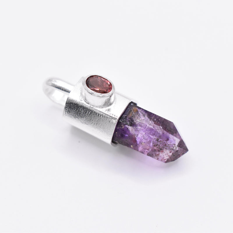 Handmade Brandberg Amethyst Phantom Harlequin & Pink Tourmaline Silver Pendant