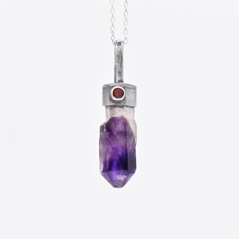 Handmade Brandberg Yin-Yang Amethyst Phantom & Mozambique Garnet Blackened and Hammered Silver Pendant