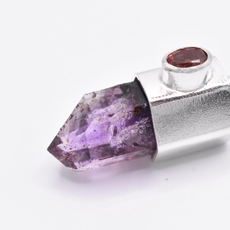 Handmade Brandberg Amethyst Phantom Harlequin & Pink Tourmaline Silver Pendant