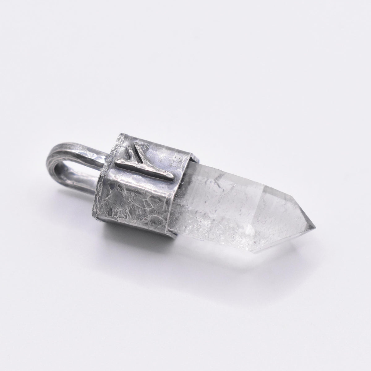 Handmade Quartz Blackened Sterling Silver Fehu Rune Pendant