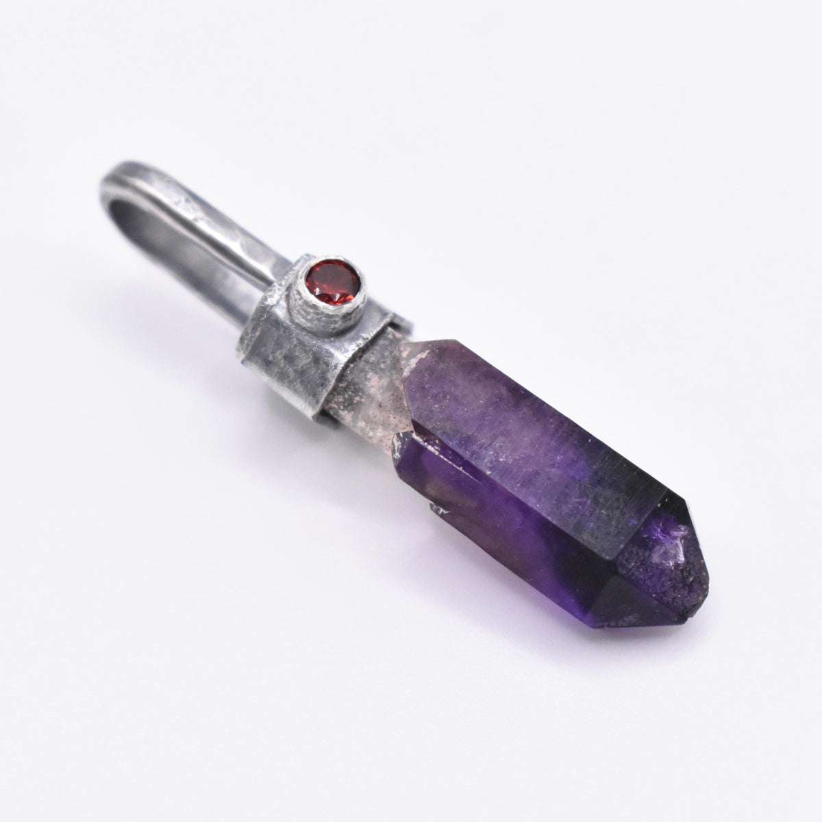 Handmade Brandberg Yin-Yang Amethyst Phantom & Mozambique Garnet Blackened and Hammered Silver Pendant