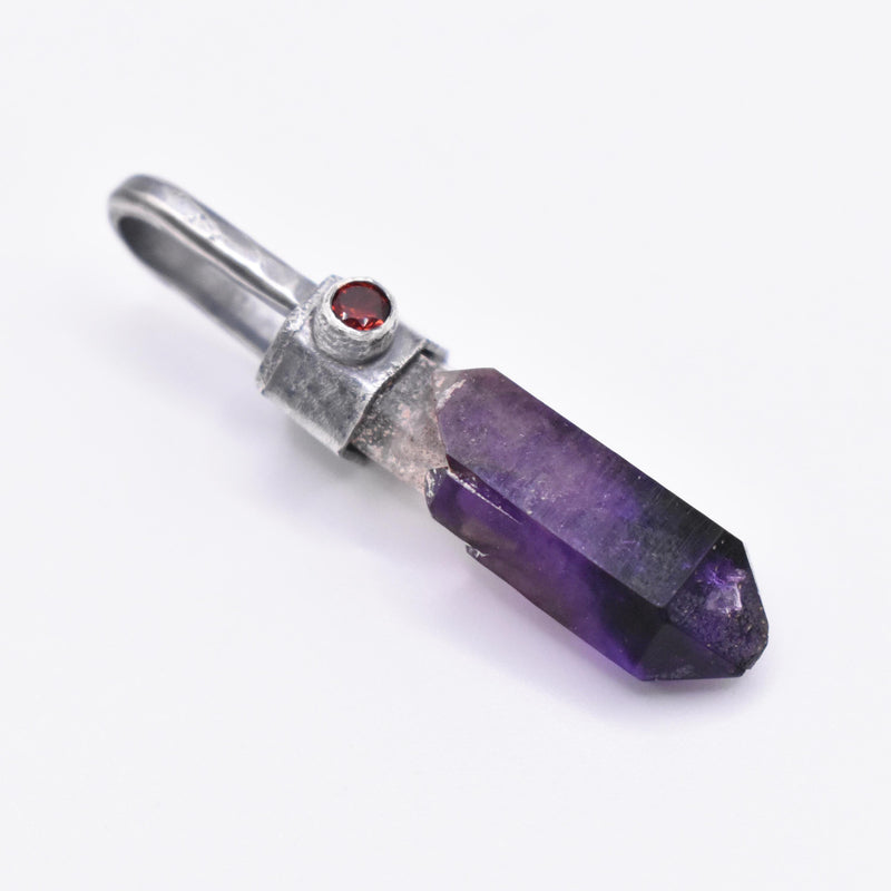 Handmade Brandberg Yin-Yang Amethyst Phantom & Mozambique Garnet Blackened and Hammered Silver Pendant