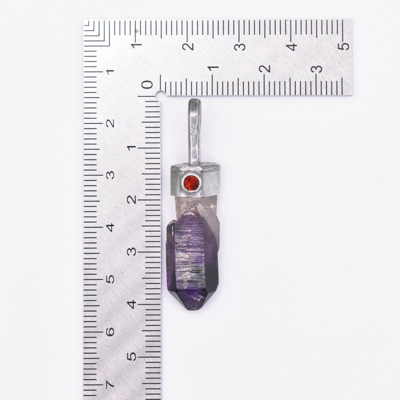 Handmade Brandberg Yin-Yang Amethyst Phantom & Mozambique Garnet Blackened and Hammered Silver Pendant