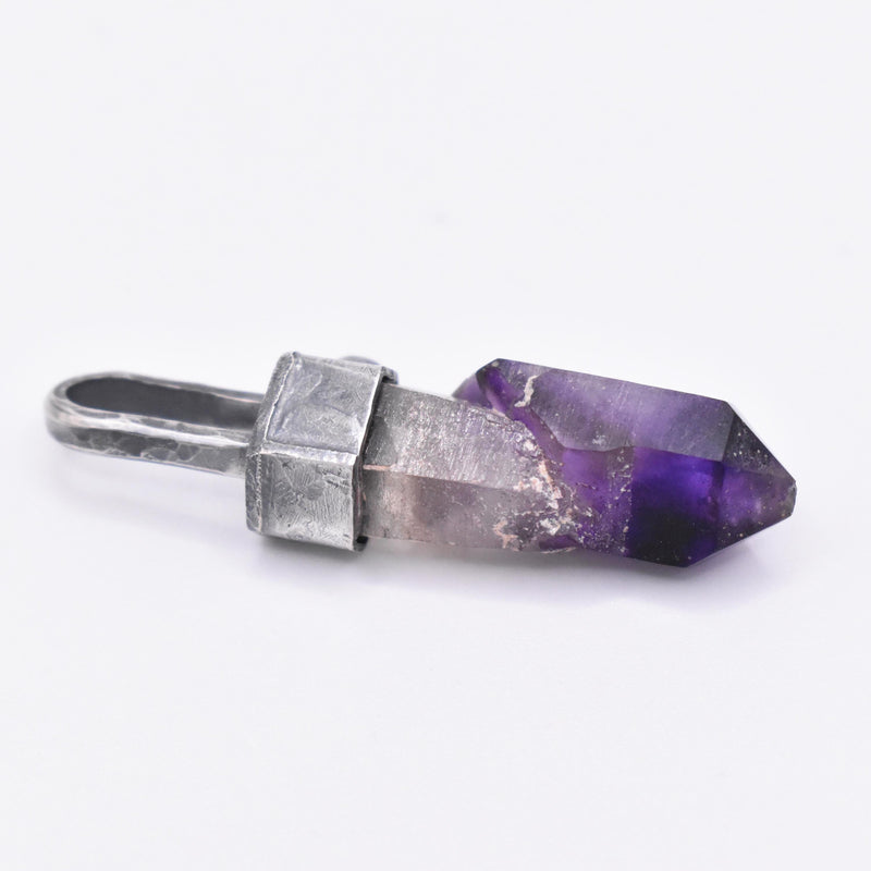 Handmade Brandberg Yin-Yang Amethyst Phantom & Mozambique Garnet Blackened and Hammered Silver Pendant