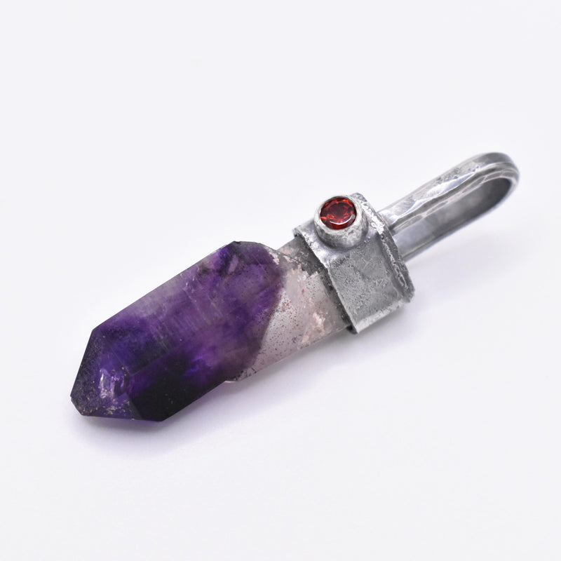 Handmade Brandberg Yin-Yang Amethyst Phantom & Mozambique Garnet Blackened and Hammered Silver Pendant