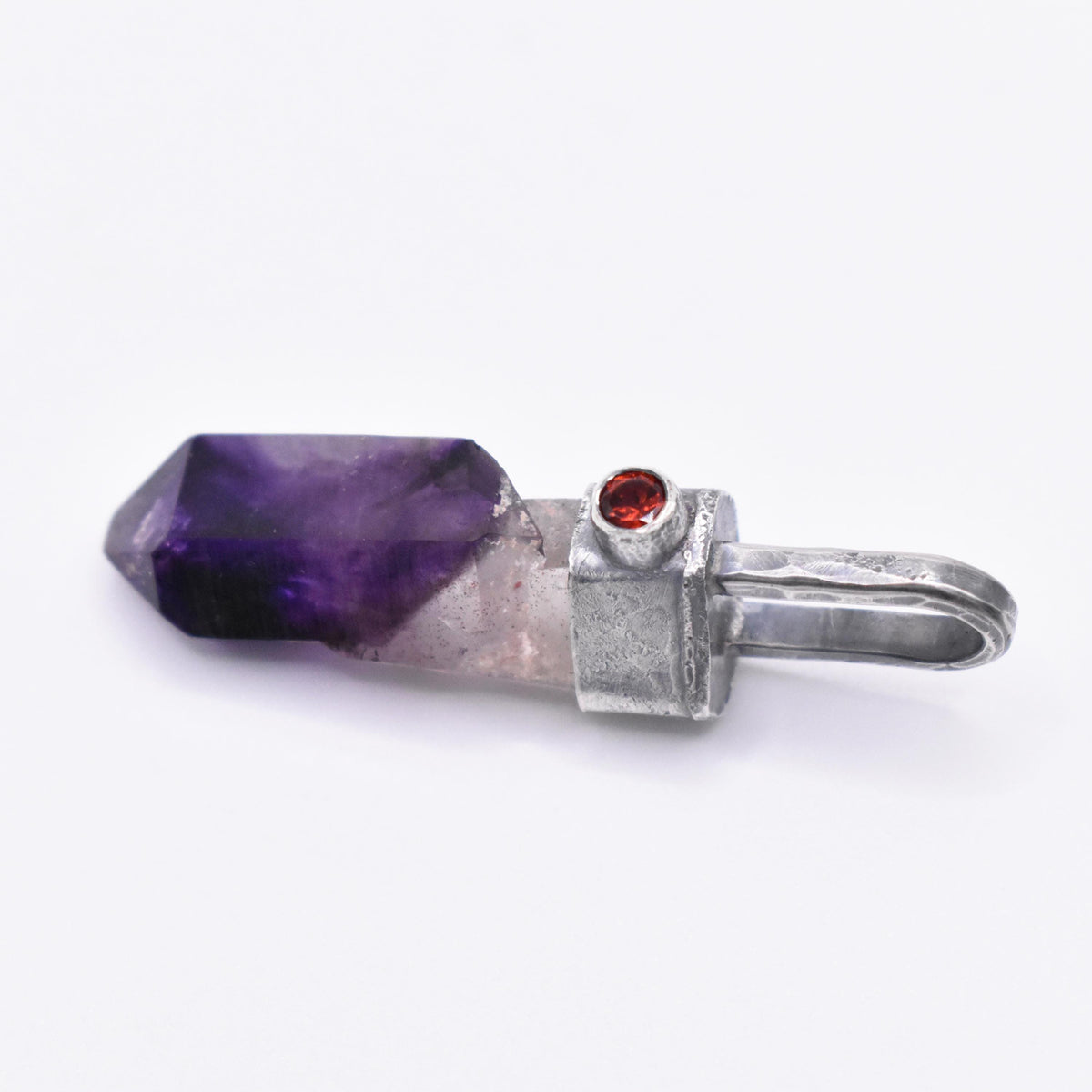 Handmade Brandberg Yin-Yang Amethyst Phantom & Mozambique Garnet Blackened and Hammered Silver Pendant