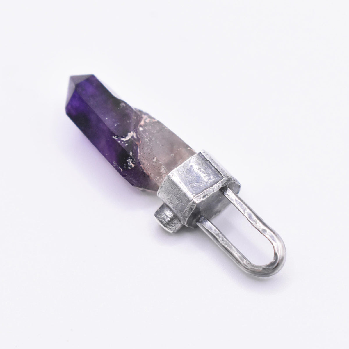 Handmade Brandberg Yin-Yang Amethyst Phantom & Mozambique Garnet Blackened and Hammered Silver Pendant
