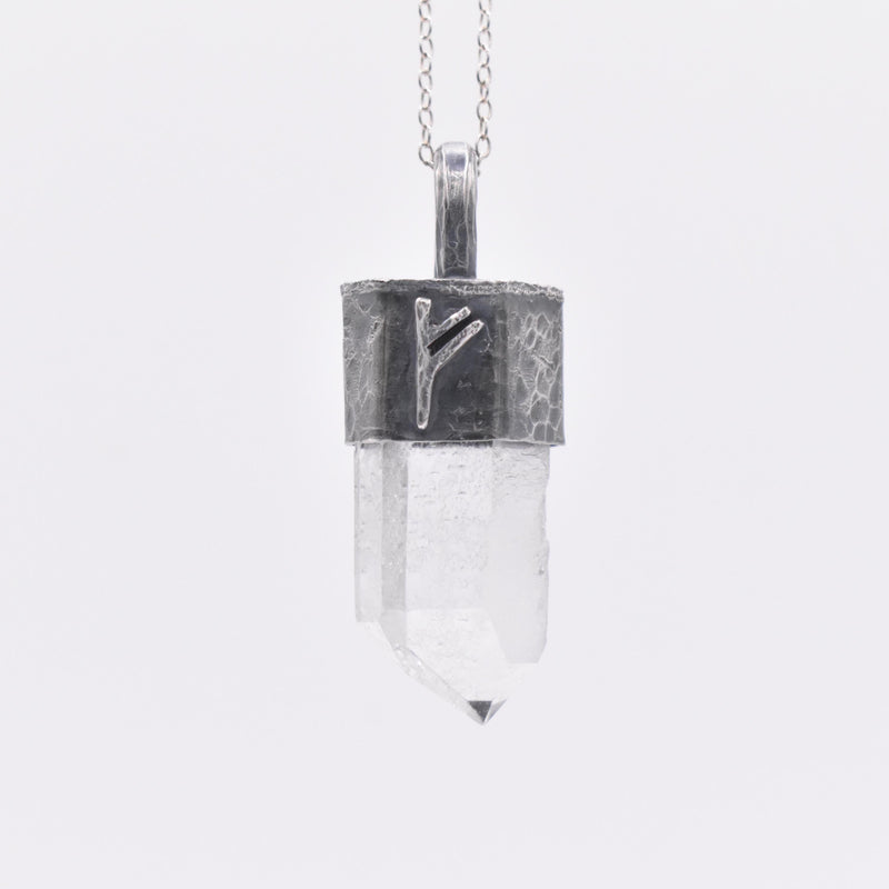 Handmade Quartz Blackened Sterling Silver Fehu Rune Pendant