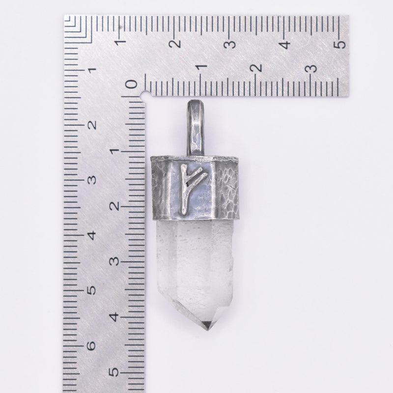Handmade Quartz Blackened Sterling Silver Fehu Rune Pendant