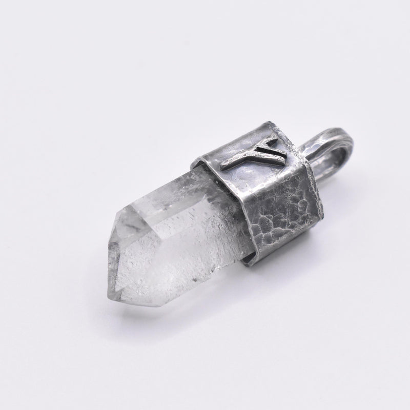 Handmade Quartz Blackened Sterling Silver Fehu Rune Pendant