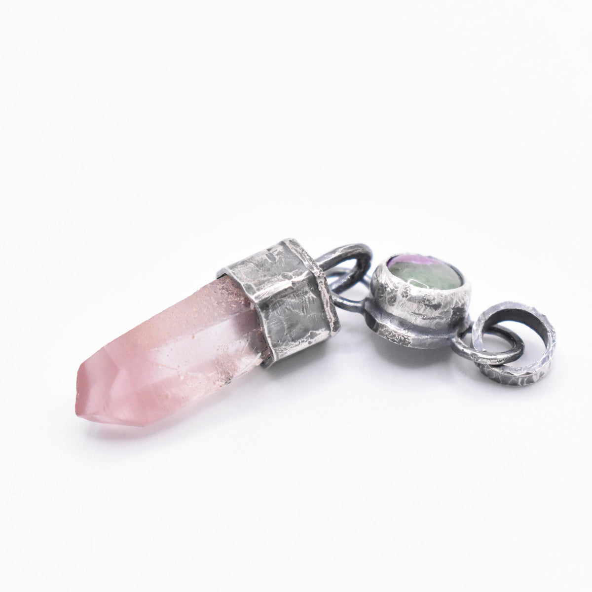 Handmade Lithium Quartz and Ruby Fuchsite Blackened Hammered Sterling Silver Pendant