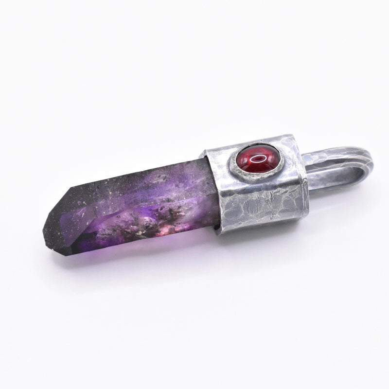 Handmade Brandberg Crystal Silver Pendant with Garnet Gemstone
