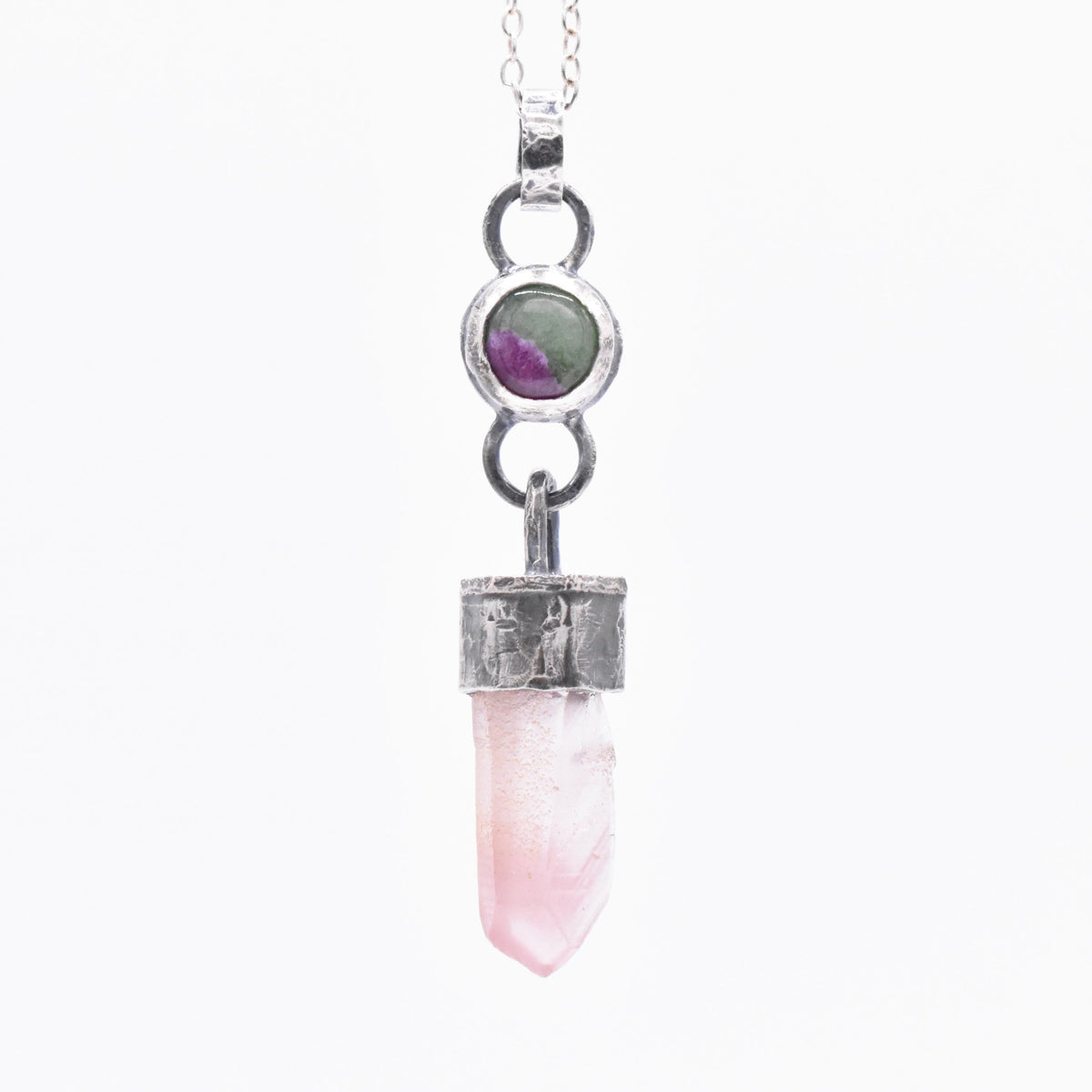 Handmade Lithium Quartz and Ruby Fuchsite Blackened Hammered Sterling Silver Pendant
