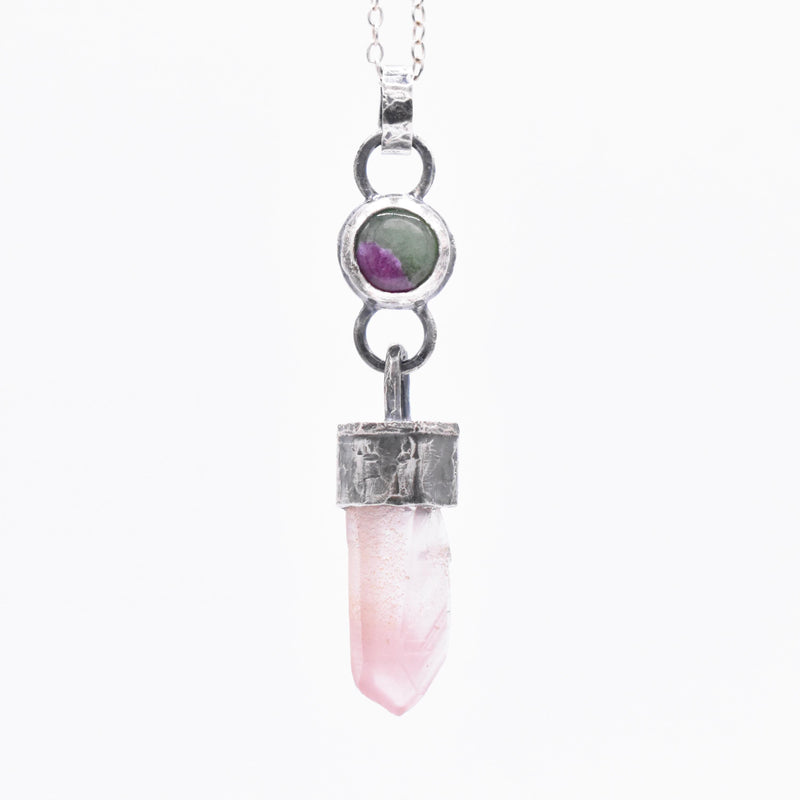 Handmade Lithium Quartz and Ruby Fuchsite Blackened Hammered Sterling Silver Pendant