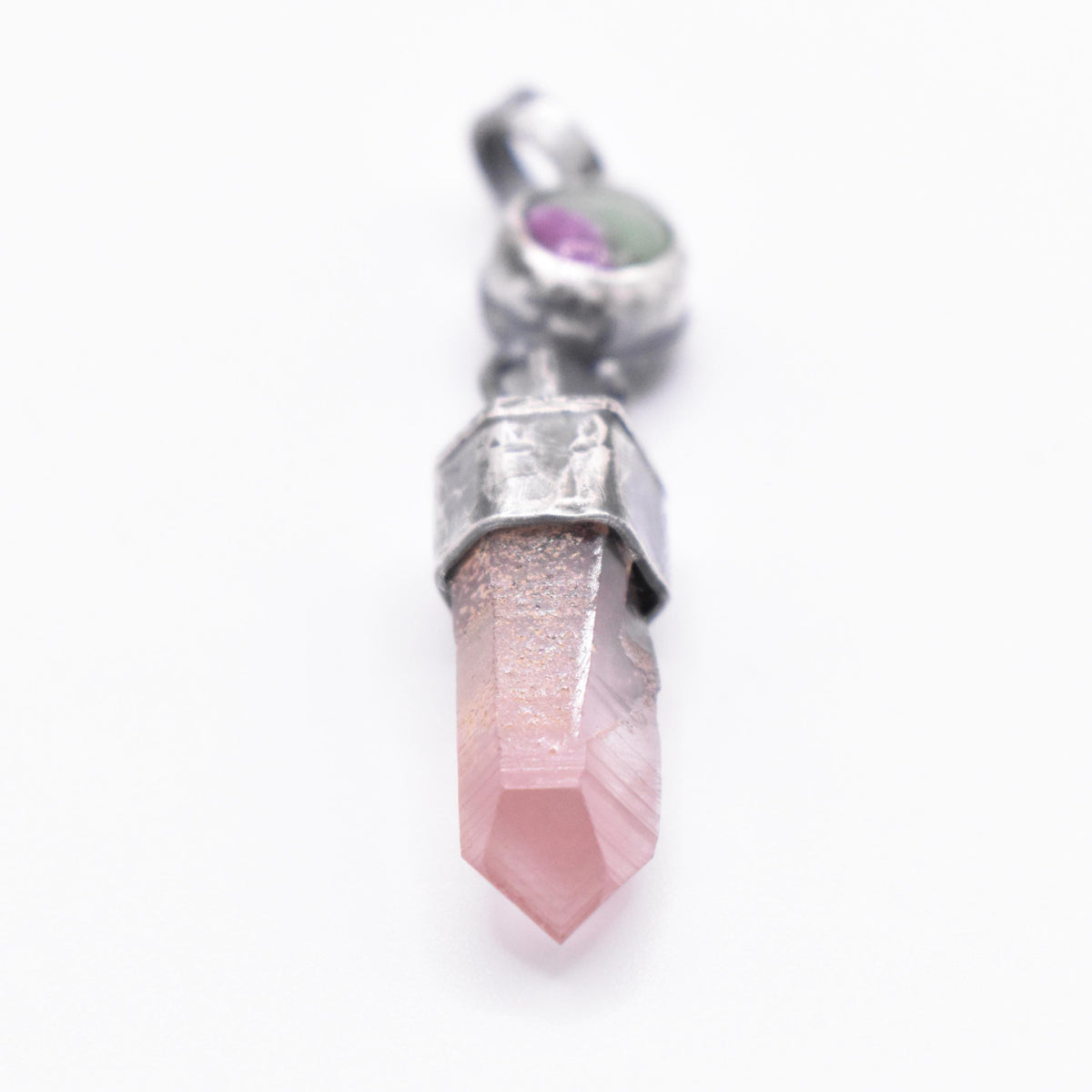 Handmade Lithium Quartz and Ruby Fuchsite Blackened Hammered Sterling Silver Pendant
