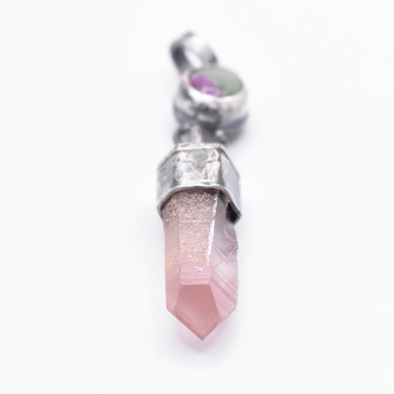 Handmade Lithium Quartz and Ruby Fuchsite Blackened Hammered Sterling Silver Pendant