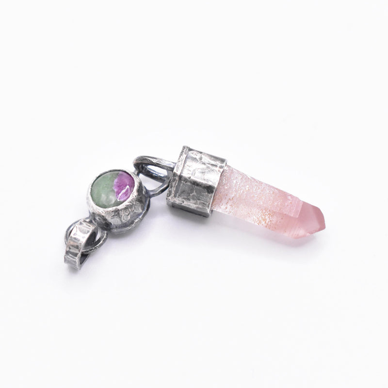 Handmade Lithium Quartz and Ruby Fuchsite Blackened Hammered Sterling Silver Pendant
