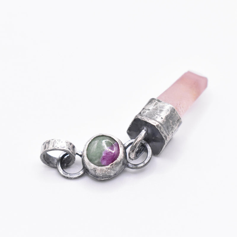 Handmade Lithium Quartz and Ruby Fuchsite Blackened Hammered Sterling Silver Pendant