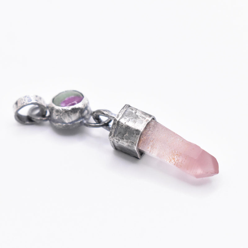 Handmade Lithium Quartz and Ruby Fuchsite Blackened Hammered Sterling Silver Pendant