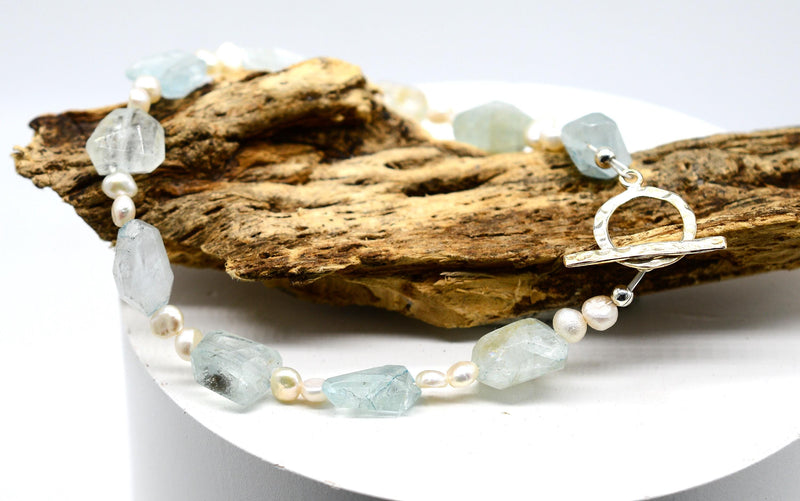 Aquamarine & Pearl with Handmade Silver Toggle Fastener