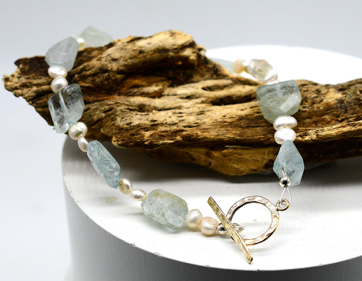 Aquamarine & Pearl with Handmade Silver Toggle Fastener