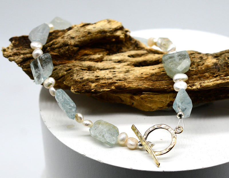 Aquamarine & Pearl with Handmade Silver Toggle Fastener