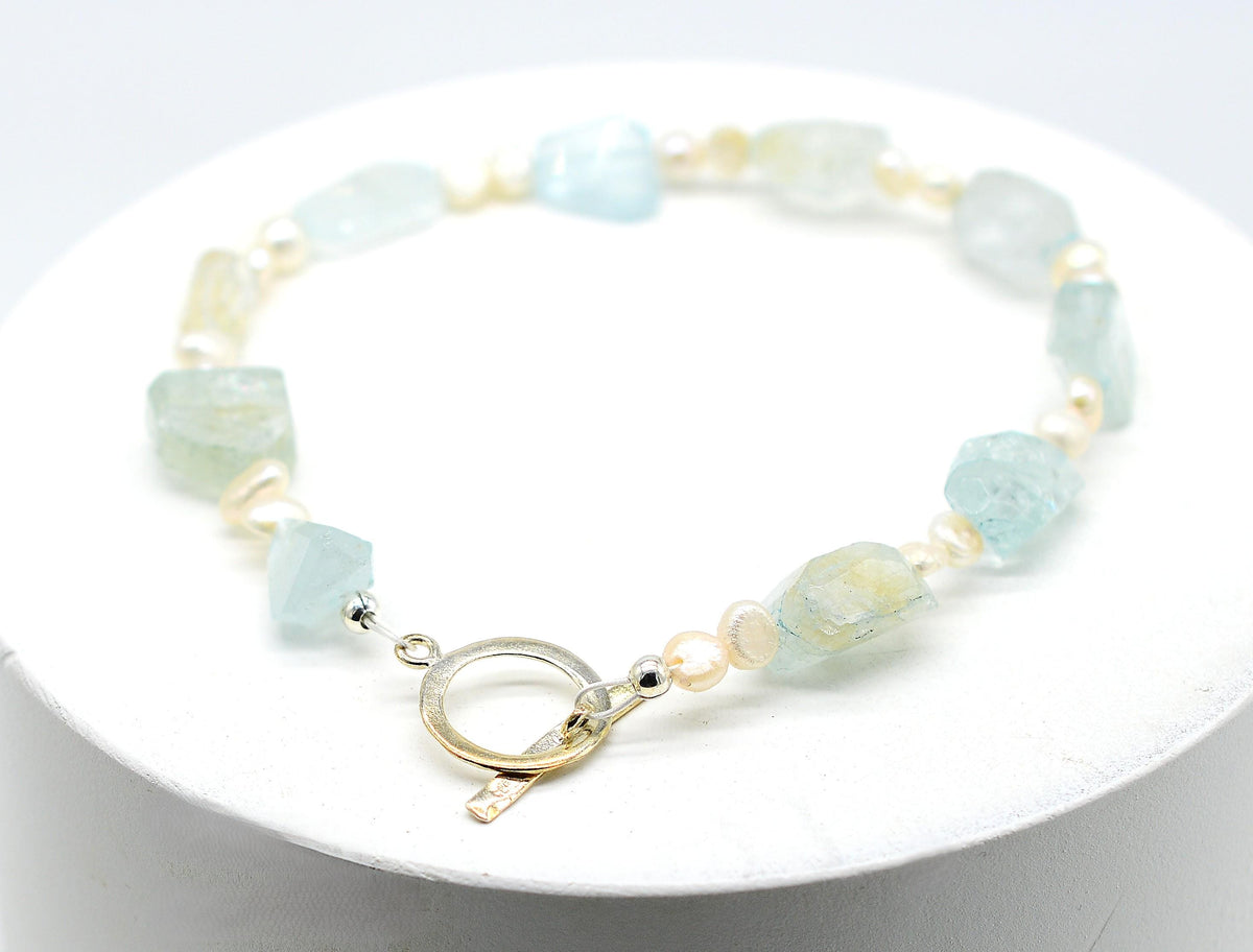 Aquamarine & Pearl with Handmade Silver Toggle Fastener