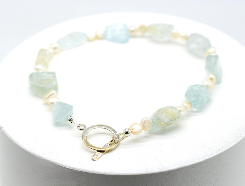 Aquamarine & Pearl with Handmade Silver Toggle Fastener