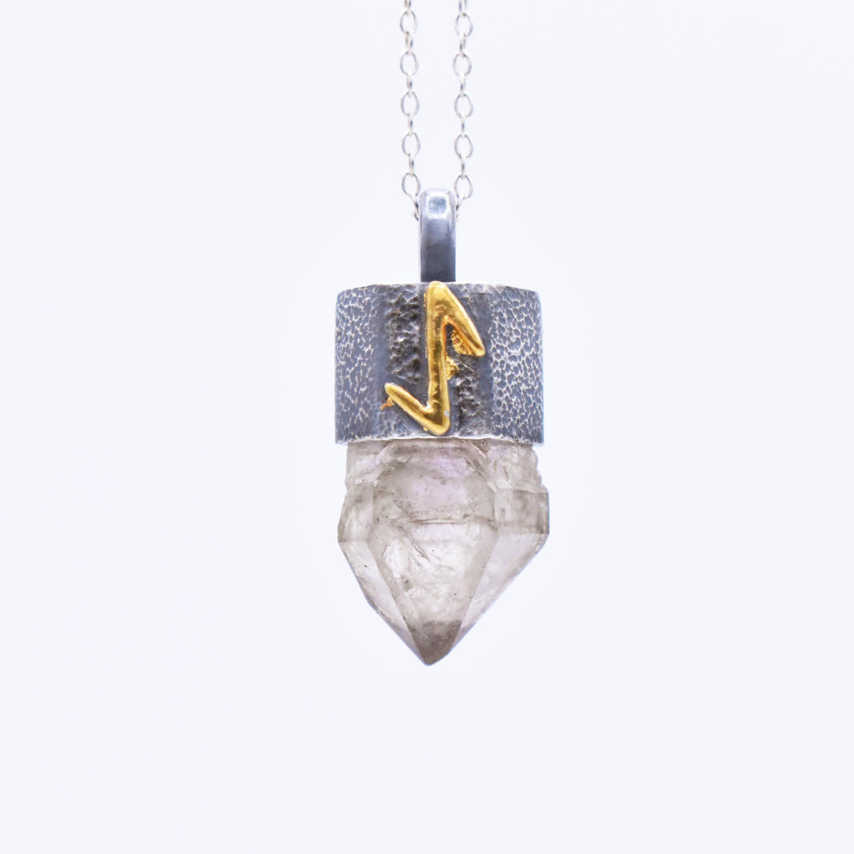 Handmade Brandberg Oxidised and Hammered Fine Silver and 24ct Gold Rune Pendant
