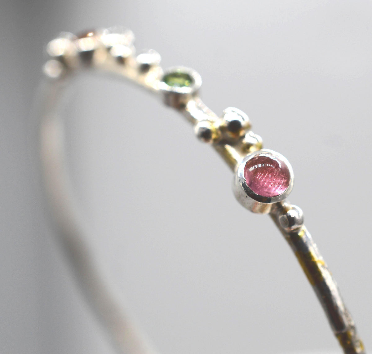 Sterling Silver Keum-Boo Bangle - Pink Tourmaline, Green Sapphire, Orange Sapphire