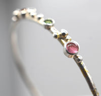 Sterling Silver Keum-Boo Bangle - Pink Tourmaline, Green Sapphire, Orange Sapphire