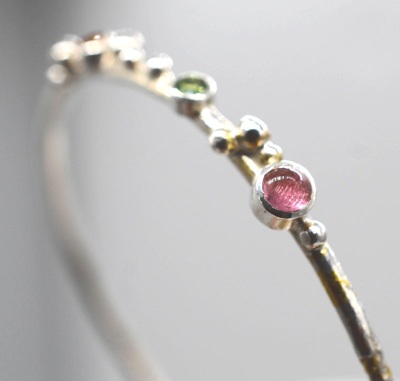 Sterling Silver Keum-Boo Bangle - Pink Tourmaline, Green Sapphire, Orange Sapphire