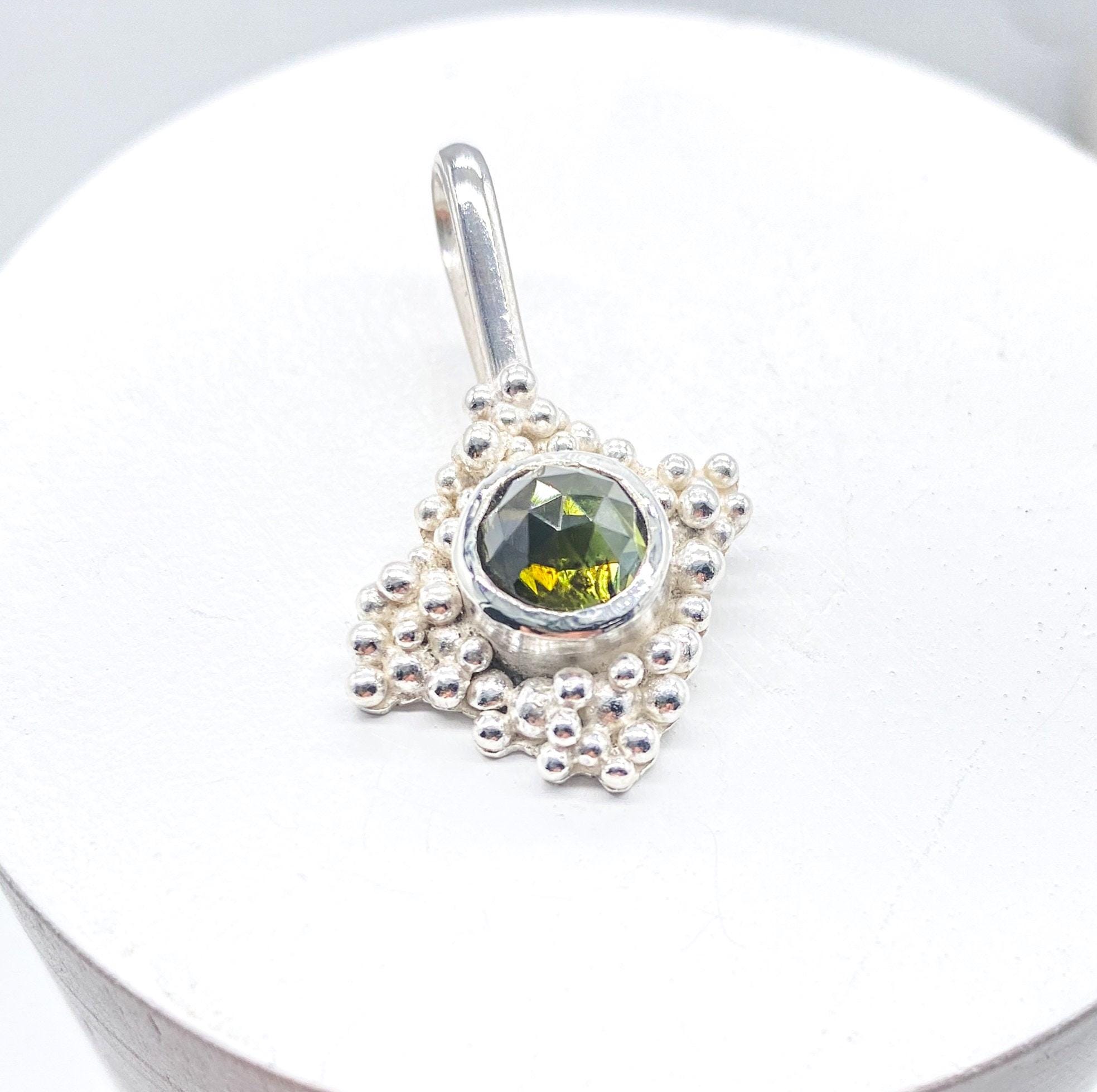 Green Tourmaline Silver Granulation Pendant Handmade