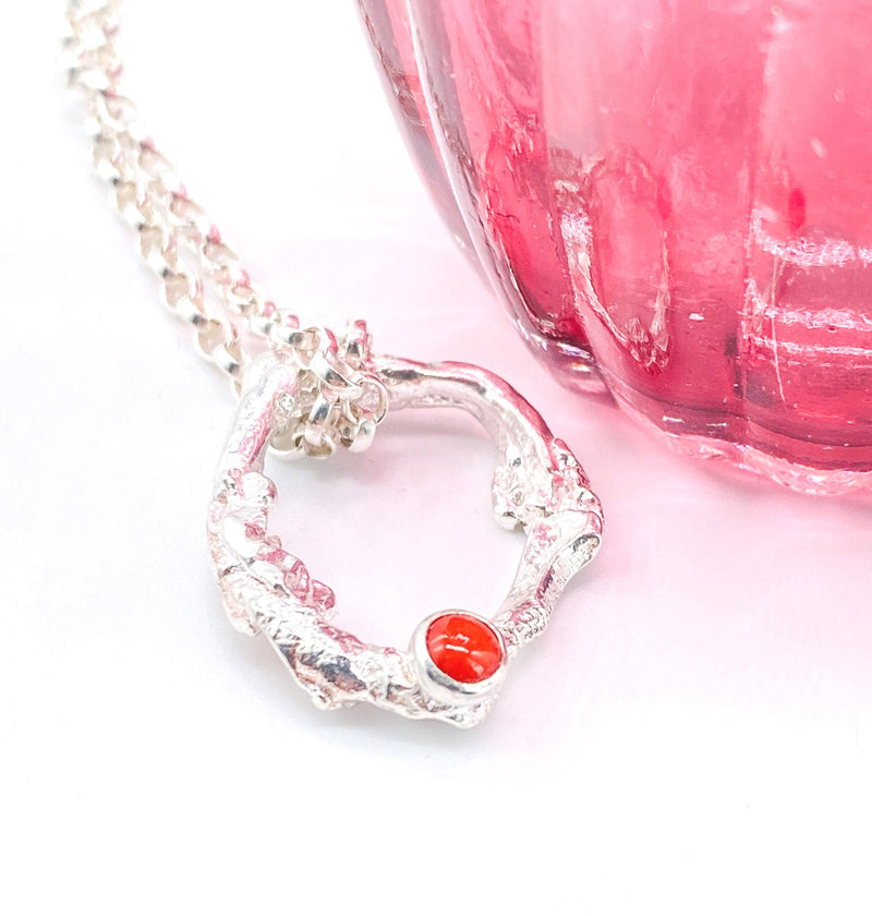 Red Coral Silver Pendant Necklace