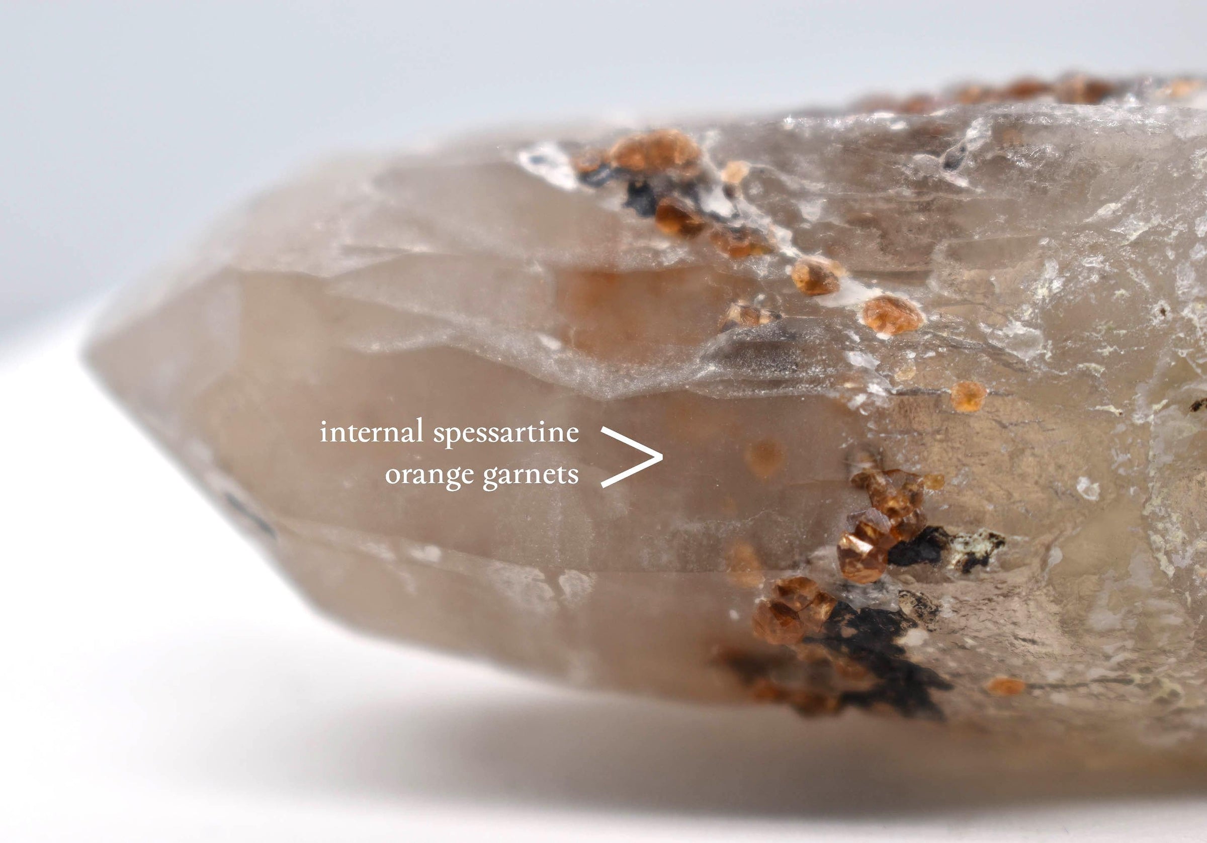 Spessartine Garnets on Self-Healed Smoky Manifestation Quartz: Rare Natural Crystal