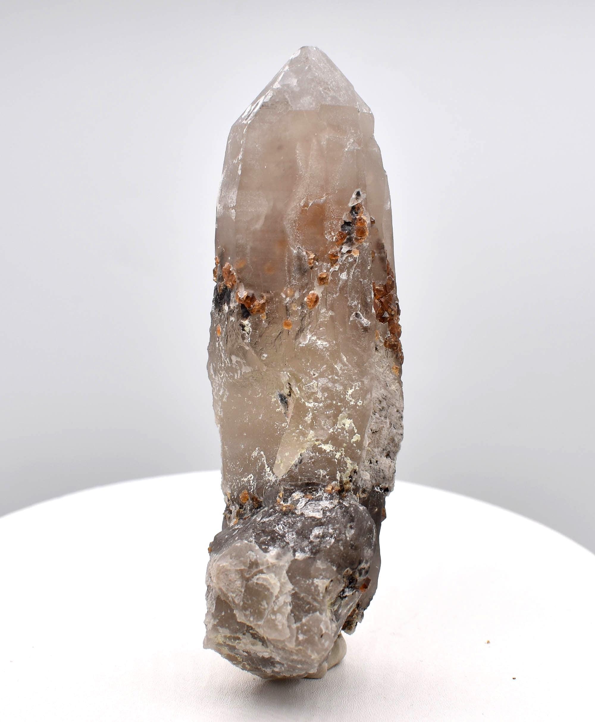 Spessartine Garnets on Self-Healed Smoky Manifestation Quartz
