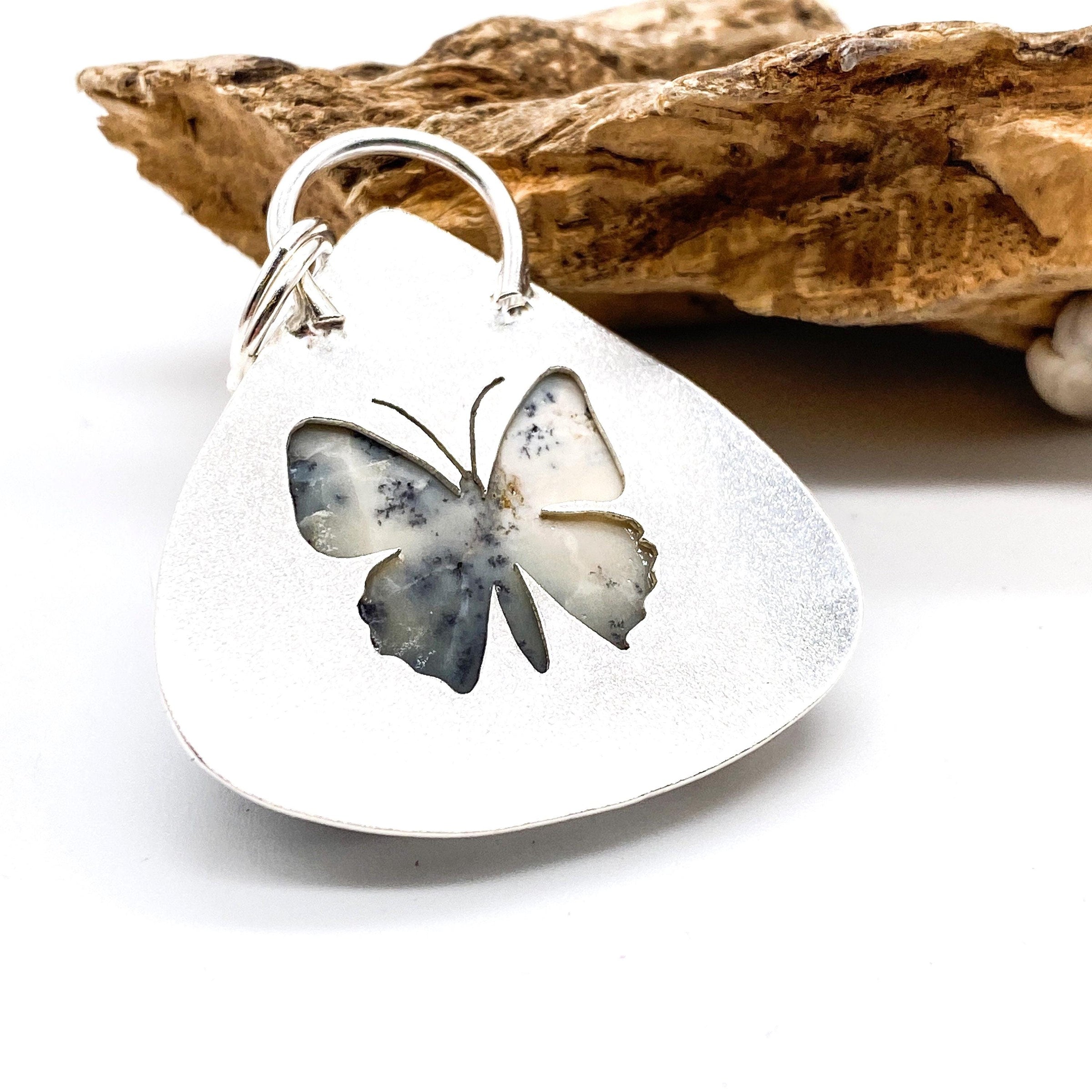 Dendritic Opal Silver and Gold Butterfly Pendant
