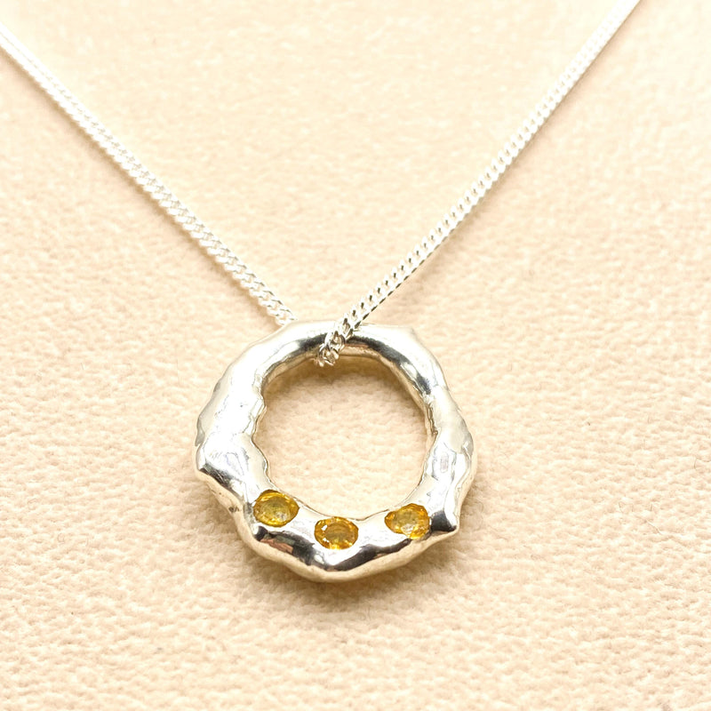 Molten Sterling Silver Yellow Sapphire Halo Pendant