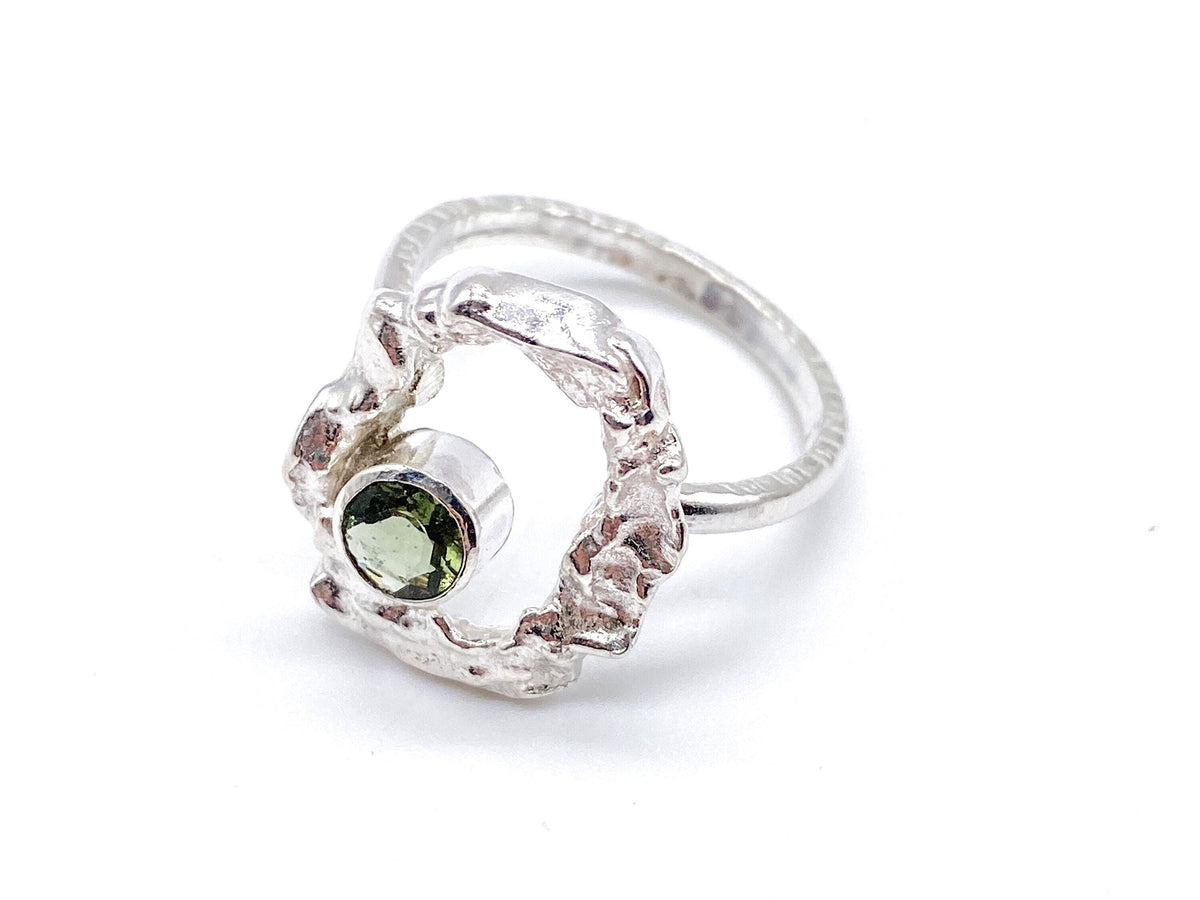 Moldavite Sterling Silver Halo Ring Handmade